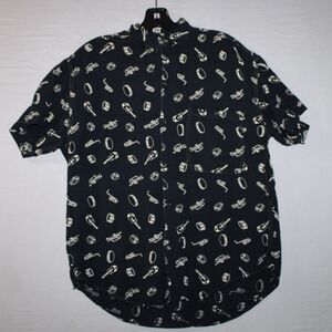 Vintage GOOUCH Casual 90s Button Up Shirt Musician Violin Trumpet Sax Print READ
